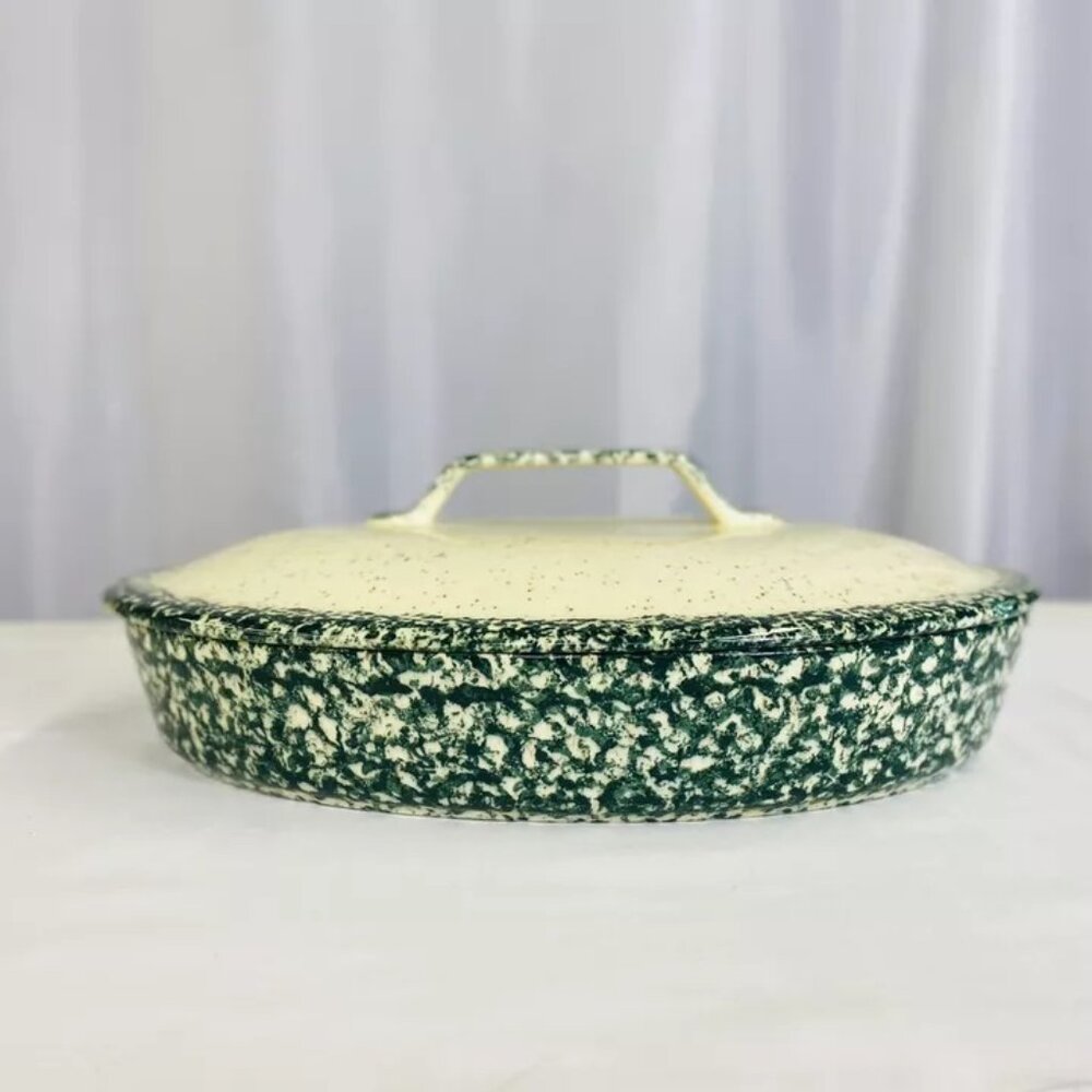 Large Ceramic Forest Green & Cream Dish with handled Lid GUC by Heaven & Earth
